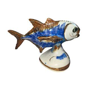 Ken Edwards Vintage Fish On Pedestal Figurine Handmade Pottery Signed Mexican
